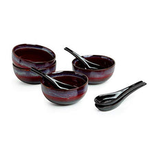 Load image into Gallery viewer, ExclusiveLane Hand Glazed Studio Pottery Serving Bowl &amp; Ceramic Soup Bowls with Spoons, Dishwasher &amp; Microwave Safe, 430 ML, Set of 4, Black, Crimson &amp; Ombre Blue - Home Decor Lo