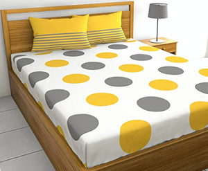 Loreto – A Quality Linen Brand 144 TC 100% Cotton Double Bedsheet with 2 Pillow Covers - Polka, Yellow & Grey - Home Decor Lo