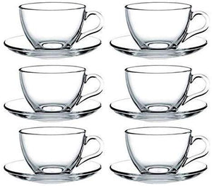 Chehar Superb Crystal Clear Classic Solid Glass Tea Cup with Saucer Handle, 180 ml,Set of (6) - Home Decor Lo