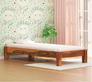 Steppin Solid Wood Single Size Bed for Bed Room | Solid Wood Low Height Bed | Sheesham Wood, Honey Finish - Home Decor Lo