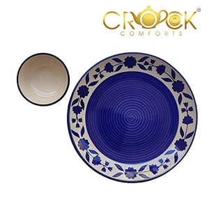 Crock Comforts- Handmade Couple Goal Royal Blue Dinner Set Ceramic Including Dinner Plates(10 inch) with Serving Bowl and Quarter Plates(7 inch) (Set of 2, Microwave & Dishwasher Safe)
