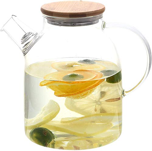 Glass Jug with Lid Ice Tea Water Jug 2 Litre Hot Water Ice Tea Drinking Beverage Jug, Water Jug Glass Material with Wooden Lid (Set of 1) - Home Decor Lo