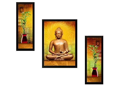 SAF Set of 3 Buddha Vastu Religious UV Coated Home Decorative Gift Item Framed Painting 13.5 inch X 22.5 inch - Home Decor Lo