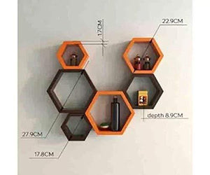 Home Design Mart Hexagon Shape Wall Mounted Shelf Rack Designer for Living Room Set of 6 (Orange & Brown) - Home Decor Lo