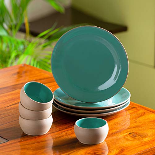 ExclusiveLane 'Earthen Turquoise' Hand Glazed Ceramic Plates For Dinner Plates With Katoris (8 Pieces, Serving for 4, Microwave Safe)- Dinner Serving Set For Kitchen Plate And Bowl Sets Dinnerware Set - Home Decor Lo