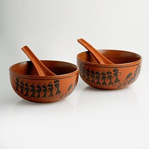 ExclusiveLane Warli Hand-Painted Kitchen Ceramic Soup Bowls with Spoons (Set of 2, 380 ML, Dishwasher & Microwave Safe) - Home Decor Lo