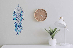 ILU® Wall Hangings, Home Decor, Handmade Wall Hanging for Bedroom, Balcony, Garden, Party, Cafe, Small Ring Beaded Blue & Light Blue Feathers, 17cm Diameter, Length 80cm - Home Decor Lo