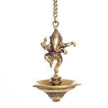 Load image into Gallery viewer, eCraftIndia Dancing Ganesha Brass Hanging Oil Wick Diya (11 cm x 11 cm x 48, Brown and Golden) - Home Decor Lo