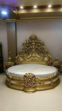 Classic Wood & Craft Wooden Craving Bed (Round Shaped) Teak Wood with Luxury Carving Work and Beautiful interiors for Royal Bedrooms/sharanpur (Golden Polish) - Home Decor Lo
