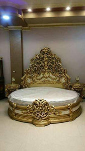 Classic Wood & Craft Wooden Craving Bed (Round Shaped) Teak Wood with Luxury Carving Work and Beautiful interiors for Royal Bedrooms/sharanpur (Golden Polish) - Home Decor Lo
