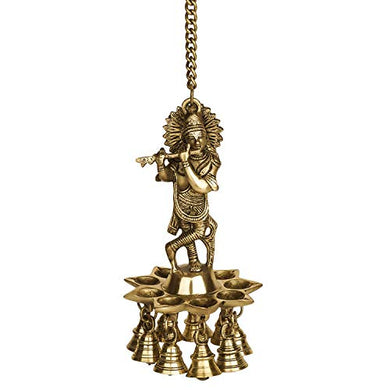 ONVAY Brass Wall Hanging Laddu Gopal Design Oil Lamp Diya with Bells (Gold_5 Inch X 5 Inch X 16 Inch) - Home Decor Lo