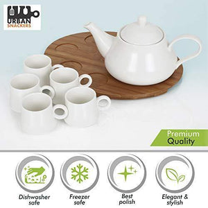 Urban Snackers Porcelain Tea Pot Tea Kettle with 5 Cups and Wooden Serving Tray 28.5 for Drinking Tea - Home Decor Lo