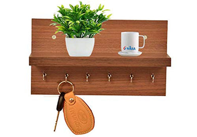 Anikaa Volt Wooden Key Holder Stand/Wall Hooks Stand/Key Holder for Home Office/Wall Mounted Key Holder/Key Hold/Key Chain Hanging Board/Wall Hanging Key Holde/Key Holder with Shelf - (Walnut) - Home Decor Lo