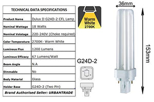 Osram Ledvance 18 Watt | Dulux D- G24D-2 | Fluorescent PL Lamp | Cross pin | Warm White 2700K | Pack of 5 - Home Decor Lo