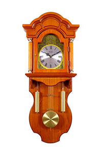 Novellon® Courtyard, Oak Finish - Grand Wooden Pendulum Wall Clock (3' feet) with Westminster Chime, Hourly Bell Strike & Japan Non-Ticking Quartz Movement - Home Decor Lo