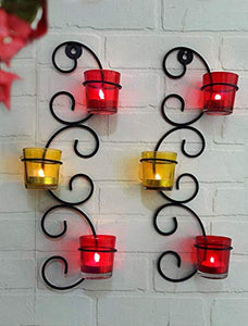Altered Decor Set of 2 Wall Hanging Tealight Candle Holder / Metal Wall Sconce with Glass Cups and Tealight Candles for Home & Diwali Decorations Items