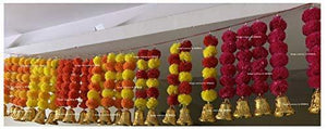 SPHINX Artificial Marigold Fluffy Flowers and Golden/Silver Hanging Bells Short Garlands/Torans/Wall hangings/Latkans for Decoration Approx 1.2 ft- Pack of 5 Strings (Yellow & Dark Orange) - Home Decor Lo