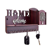 Load image into Gallery viewer, Aditya Handicrafts Welcome &amp; Home Unique Key Holder With Mobile Holder &amp; Charging Stand Cloth Toval &amp; Mask Hanger Watch Wallet Showpiece Storage Self Wooden Handcrafted Home &amp; Office Decoration (10 Hooks, Wooden) - Home Decor Lo