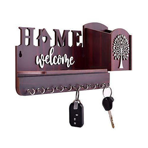 Aditya Handicrafts Welcome & Home Unique Key Holder With Mobile Holder & Charging Stand Cloth Toval & Mask Hanger Watch Wallet Showpiece Storage Self Wooden Handcrafted Home & Office Decoration (10 Hooks, Wooden) - Home Decor Lo