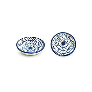 ExclusiveLane 'Indigo Chevron' Hand Painted Ceramic Small Bowl for Chutney Bowls for Serving (Set of 4, 25 ML, Microwave Safe) - Mini Bowls for Dip Bowls Ceramic Bowls Chutney Serving Set Sauce Bowl - Home Decor Lo