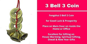 Plusvalue Fengshui Vastu Lucky Brass Hanging 3 Bell 3 Chinese Coins Main Entrance Door Hanging Decorative Home Office Wealth Spiritual Decor (Small) - Home Decor Lo