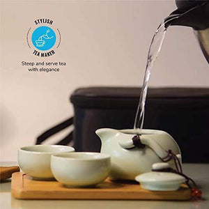 Udyan Tea Classic Tea Set (Pearl White) | Chinese Gongfu Style Tea Maker with Porcelain Tea Pot (150 ml), 2 Cups (45 ml Each), Bamboo Tray & Tongs, Tea Mat & Packing Bag - Home Decor Lo