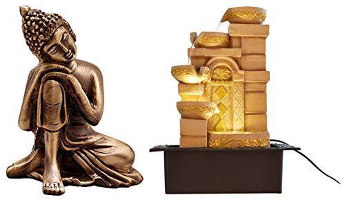 eCraftIndia Resting Buddha On Knee Metal Showpiece (7.5 cm X 5.38 cm X 9.38 cm, Brown, Agb506) & Gate and Steps Polystone Water Fountain (31 cm X 23 cm X 42 cm, Cream) Combo - Home Decor Lo