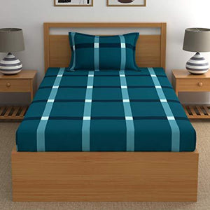 Home Ecstasy 100% Cotton bedsheets for Single Bed Cotton, 140tc Geometric Blue Single bedsheet with Pillow Cover (4.8ft x 7.3ft) - Home Decor Lo