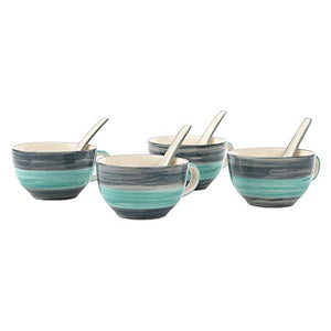 KITTENS Ceramic Handpainted Soup Bowl with Spoon, 300ml (SeaGreen) - Set of 4 - Home Decor Lo