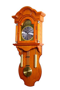 Novellon® Courtyard, Oak Finish - Grand Wooden Pendulum Wall Clock (3' feet) with Westminster Chime, Hourly Bell Strike & Japan Non-Ticking Quartz Movement - Home Decor Lo