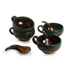 ExclusiveLane Amber & Teal Studio Pottery Handled Ceramic Soup Bowls with Spoons & with Handle, Dishwasher & Microwave Safe, 300 ML, Set of 4, Amber with Teal tints, Standard (EL-005-699) - Home Decor Lo