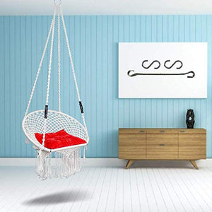 Curio Centre Make in India Round Premium Swing with Polyester Ropes & Mild Steel Frame for Adults & Kids/Indoor Outdoor Hanging Swing Chair with Cushion & Accessories (73 x 81 x 149 cm, White) - Home Decor Lo