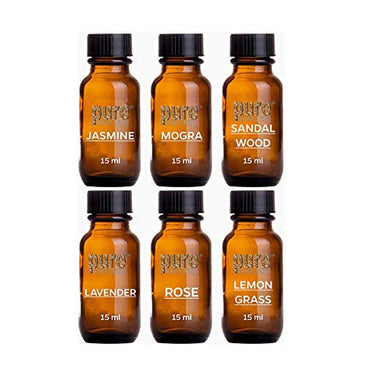 Pure Source India Aroma Diffuser Oil (Lavender, Lemongrass, Rose, Jasmine, Sandalwood and Mogra), 15ml Each, Multicolour - Set of 6 - Home Decor Lo