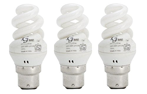 Made in India - 5 Watt - CFL Mini Spiral (Compact Fluorescent Light) - Pack of 3 Bulbs - ISO 9001 2008 certified - Glean Lights - Home Decor Lo
