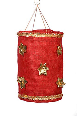 mitti se mitti tak. Kandil/Folding Festive Lantern Made of red Jute Fabric Embellished with Gold gota Flowers - Home Decor Lo