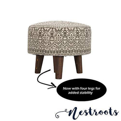 Nestroots Printed Ottoman Cushion Footrest Stool Pouf - 4 Wooden Legs Added Stability (Off-White Printed) - Home Decor Lo