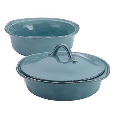 Rachael Ray Cucina Stoneware 3-Piece Round Casserole & Lid Set, Agave Blue - Home Decor Lo