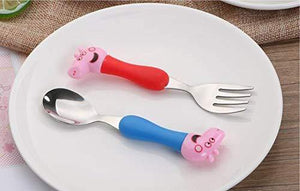 Sillyme Pig Cartoon Theme Stainless Steel Spoon & Fork Set for Kids - Baby Feed Spoon and Fork Set - Home Decor Lo