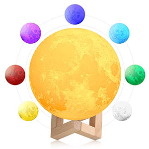 Wazdorf 3D USB Rechargeable Moon Lamp 7 Color Changing Sensor Touch Crystal Ball Night Lamp with Wooden Stand, Bedroom Lamp, Night Lamp for Bedroom, Bedroom Lamp for Kids (with Stand)(15CM) - Home Decor Lo