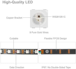 Protium Dream Color Pixel Light Strip, Double PCB, WS2812B, Each LED have built in IC, 5V, IP30 No Waterproof, 60 LED/m (5-Meter) - Home Decor Lo