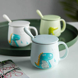 Emerge Cute Mr Dinosaur Crocodile Cartoon Ceramic Coffee Mug with Spoon and Lid Porcelain Juice Drinking Cup Coffee Milk Tea Cup 350 ML (Mug Dinosaur Blue1) - Home Decor Lo