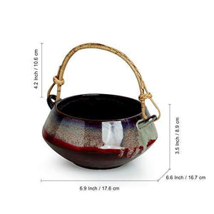 ExclusiveLane 'Sorcery Pot' Hand Glazed Ceramic Serving Biriyani & Vegetable Handi with Cane Handle (1150 ML) (Black, Crimson & Ombre Blue) - Home Decor Lo