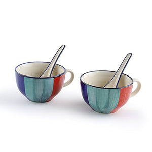 Kittens Contrast Striped Soup Bowls With Ceramic Spoon - Home Decor Lo