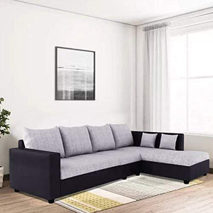 Furny Clarice 6 Seater RHS L Shape Sofa Set with Polyester Fabric & Premium Leatherette (Grey - Black)|3 Years Warranty with 36 Density Foam - Home Decor Lo
