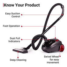 Load image into Gallery viewer, Eureka Forbes Trendy Zip 1000-Watt Vacuum Cleaner (Black/Red) - Home Decor Lo