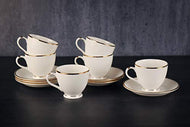 Femora Indian Ceramic Fine Bone China Gold Line Diamond Cut Dinnerware White Tea Cups, Mugs and Saucer-200 ml - Set of 6 (6 Cups, 6 Saucer) - Home Decor Lo