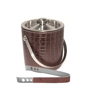 King International Stainless Steel Crocodile Print Leather Ice Bucket with Tong, 1750ml, Brown - Home Decor Lo