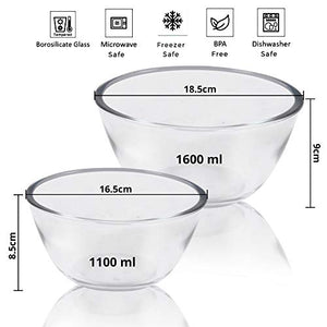 Kurtzy Mixing Bowl (2 Pack) - 1100ml, 1600ml Borosilicate Glass Bowl Set - BPA Free - Oven Microwave Safe - Transparent Kitchen Glass Bowl for Baking Serving Cooking Dishes - Home Decor Lo