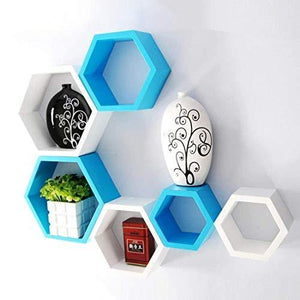 Home Design Mart Hexagon Shape Wall Mounted Shelf Rack Designer for Living Room Set of 6 (Sky Blue & White) - Home Decor Lo