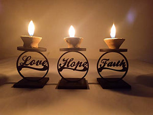Set of 3 Diwali Festive Home Decoration Wooden Candle Holder Stand, Love, Hope, Faith, Black Tea Light Candle Holder - Home Decor Lo